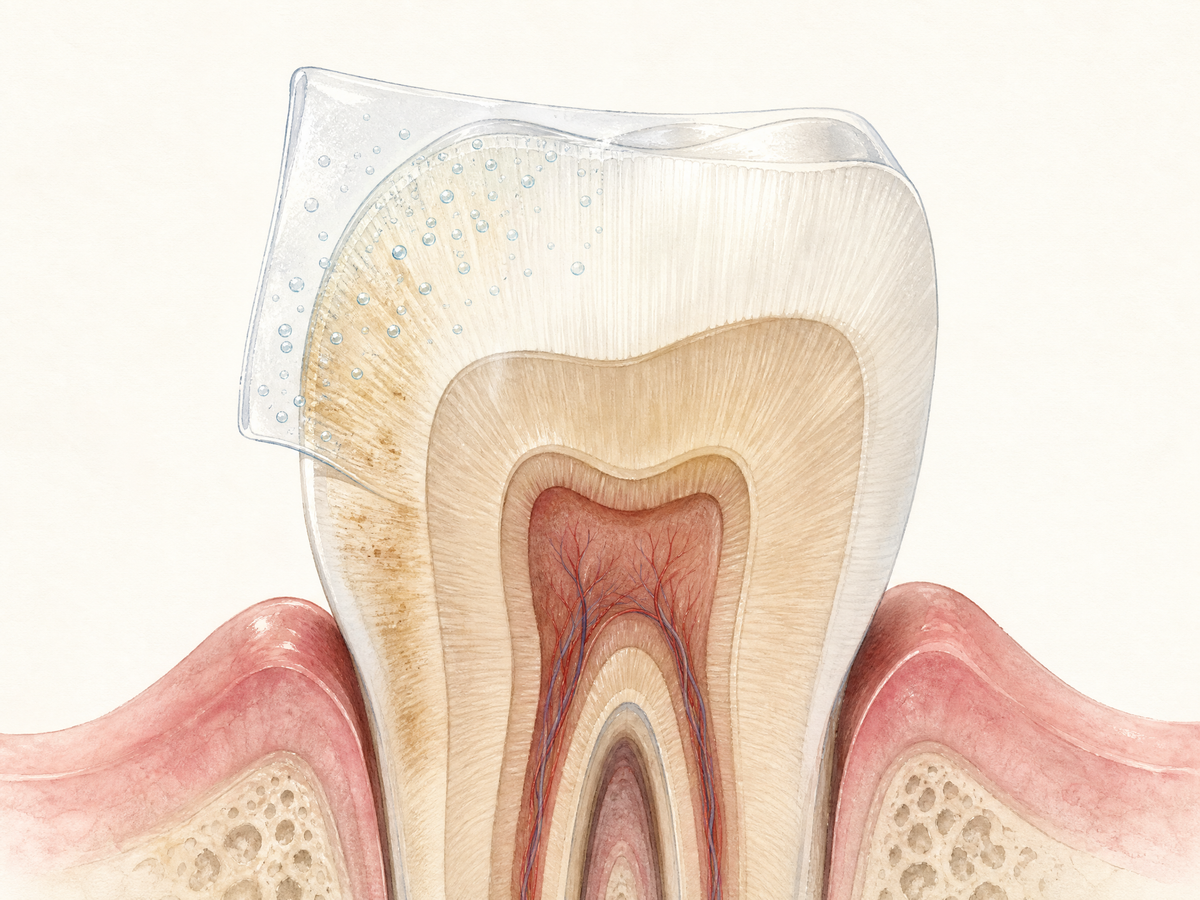 A front tooth cross-section with a whitening strip releasing peroxide into the enamel to lighten yellow surface stain, while a deeper gray-brown intrinsic stain in the dentin remains unchanged.