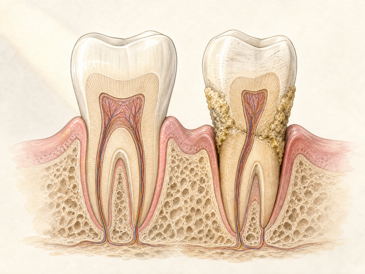 Cutaway comparison of two teeth: a healthy tooth with gum tissue snug at the gumline, beside one with hardened tartar above and below the gum edge, receded gums exposing a softer root surface, and scratched enamel grooves.