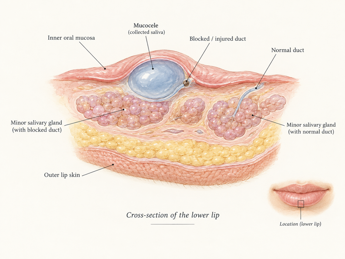 A cross-section of the lower lip shows minor salivary glands, a blocked salivary duct, and clear saliva pooling into a soft, bluish mucocele beneath the inner lip surface.