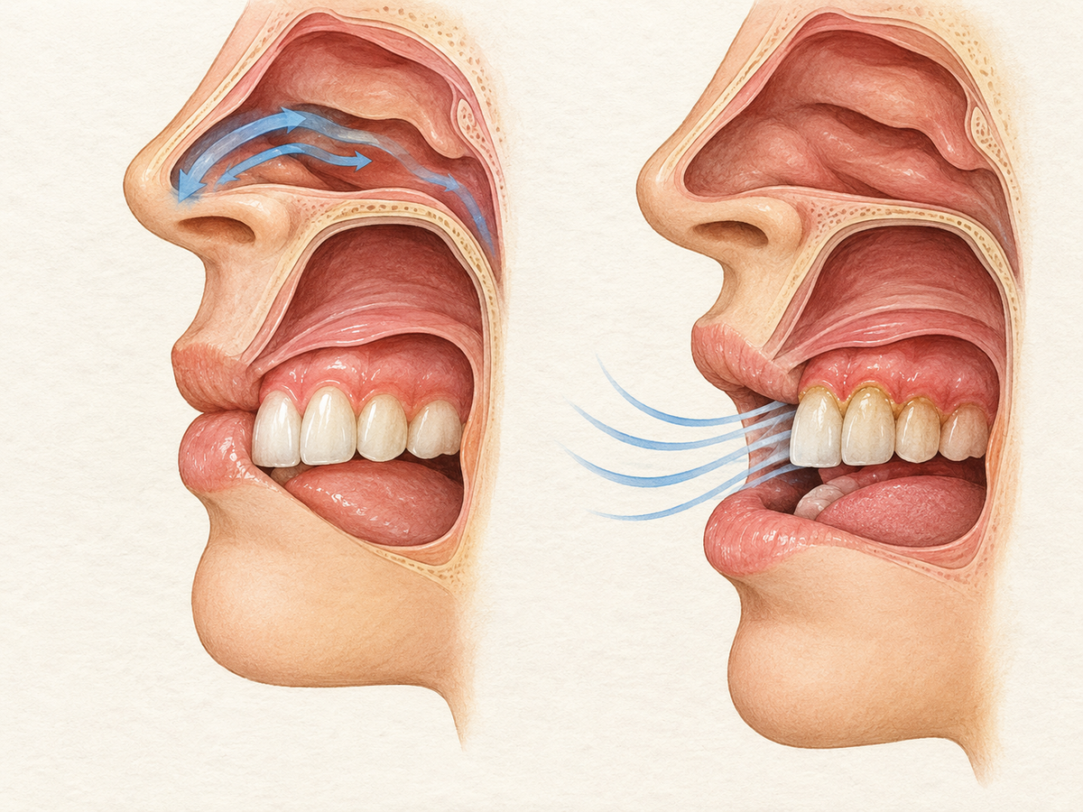 Side-by-side comparison: on the left, closed lips with an open nasal airway and saliva-moistened teeth and gums; on the right, parted lips with airflow drying the enamel and plaque collecting along an irritated gumline.