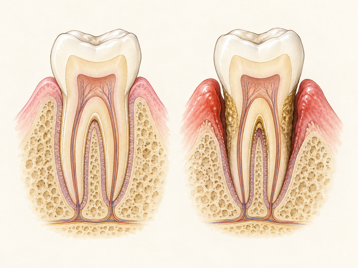 Cross-section comparing a healthy tooth with firm pink gums and intact jawbone to a tooth affected by periodontal disease, showing plaque and tartar at the gumline, a deepened gum pocket, inflamed tissue, and bone loss.